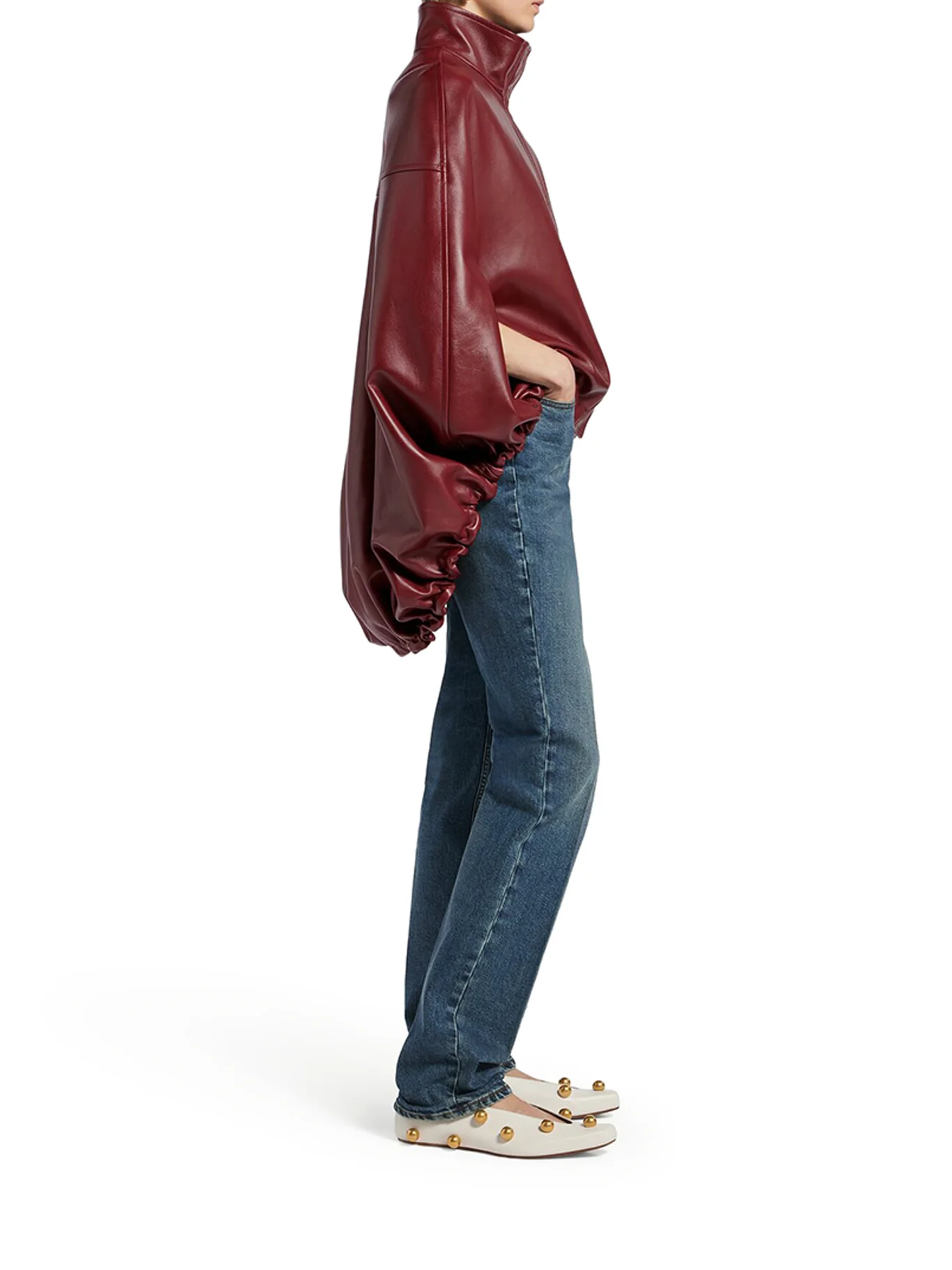 SHORT BURGUNDY LEATHER CAPE - Image 3