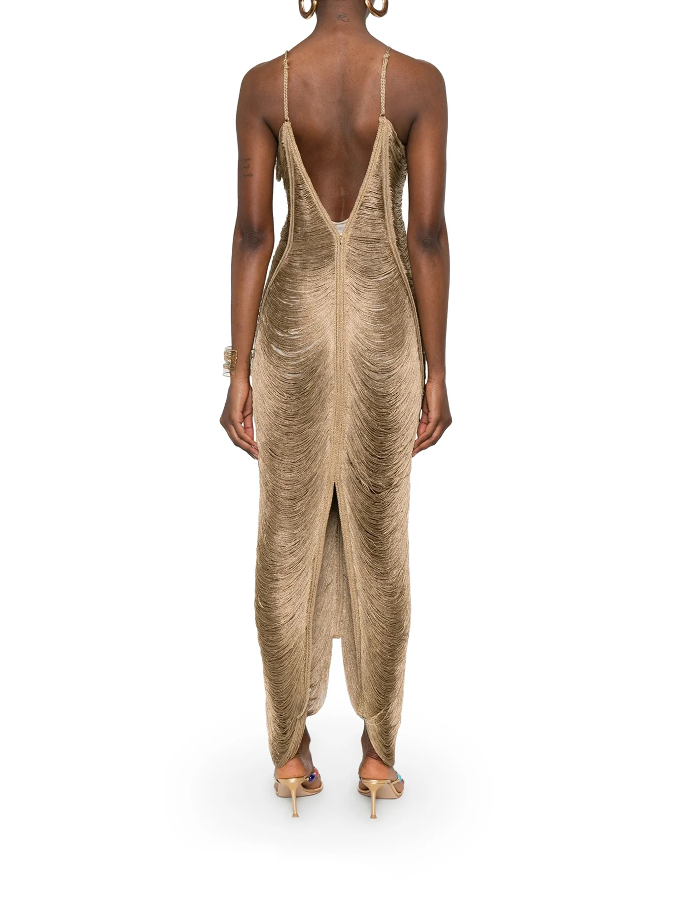 LONG SOLÉ DRESS WITH FRINGES AND V-NECK - Image 3