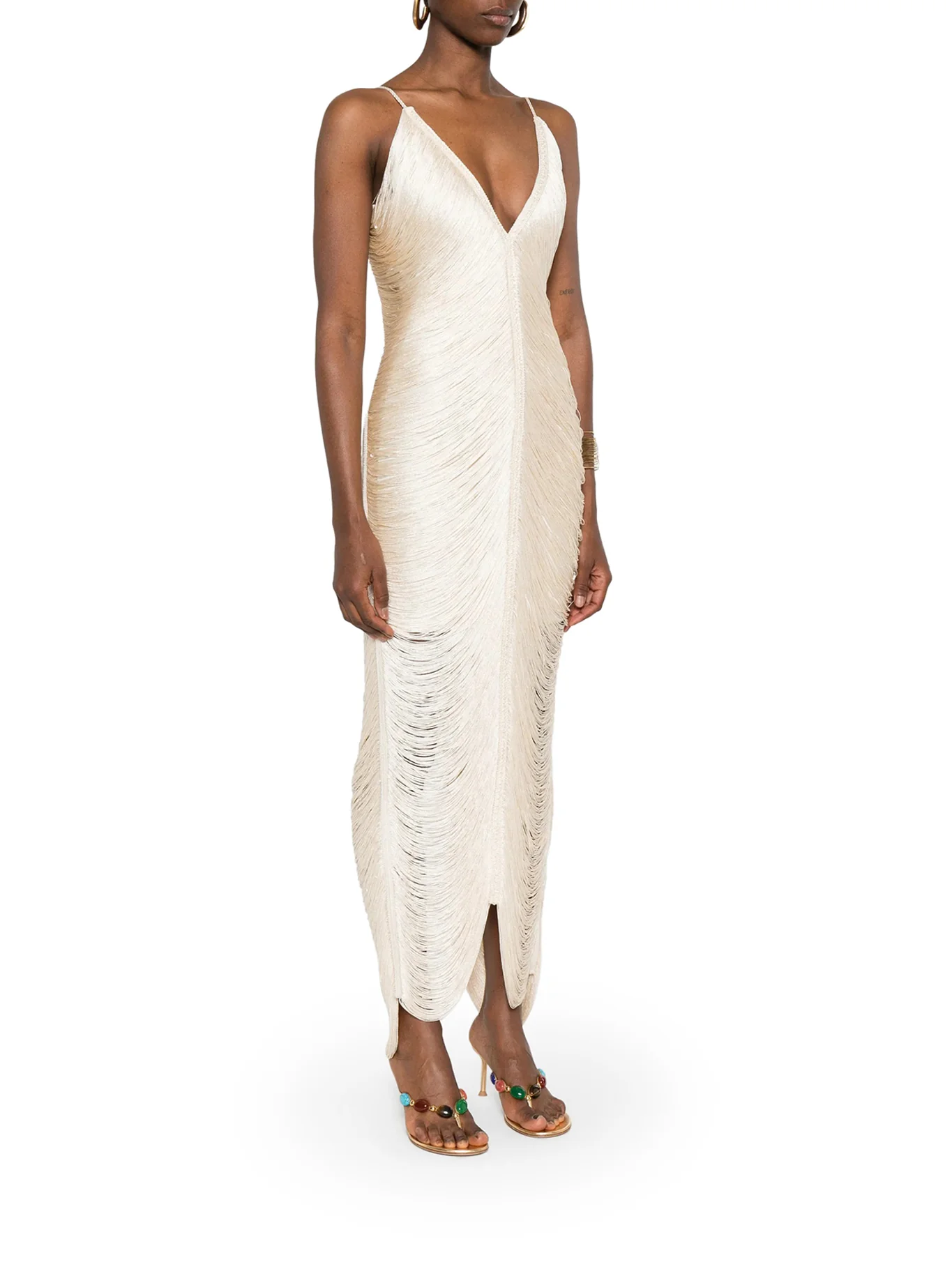 LONG SOLÉ DRESS WITH FRINGES AND V-NECK - Image 4