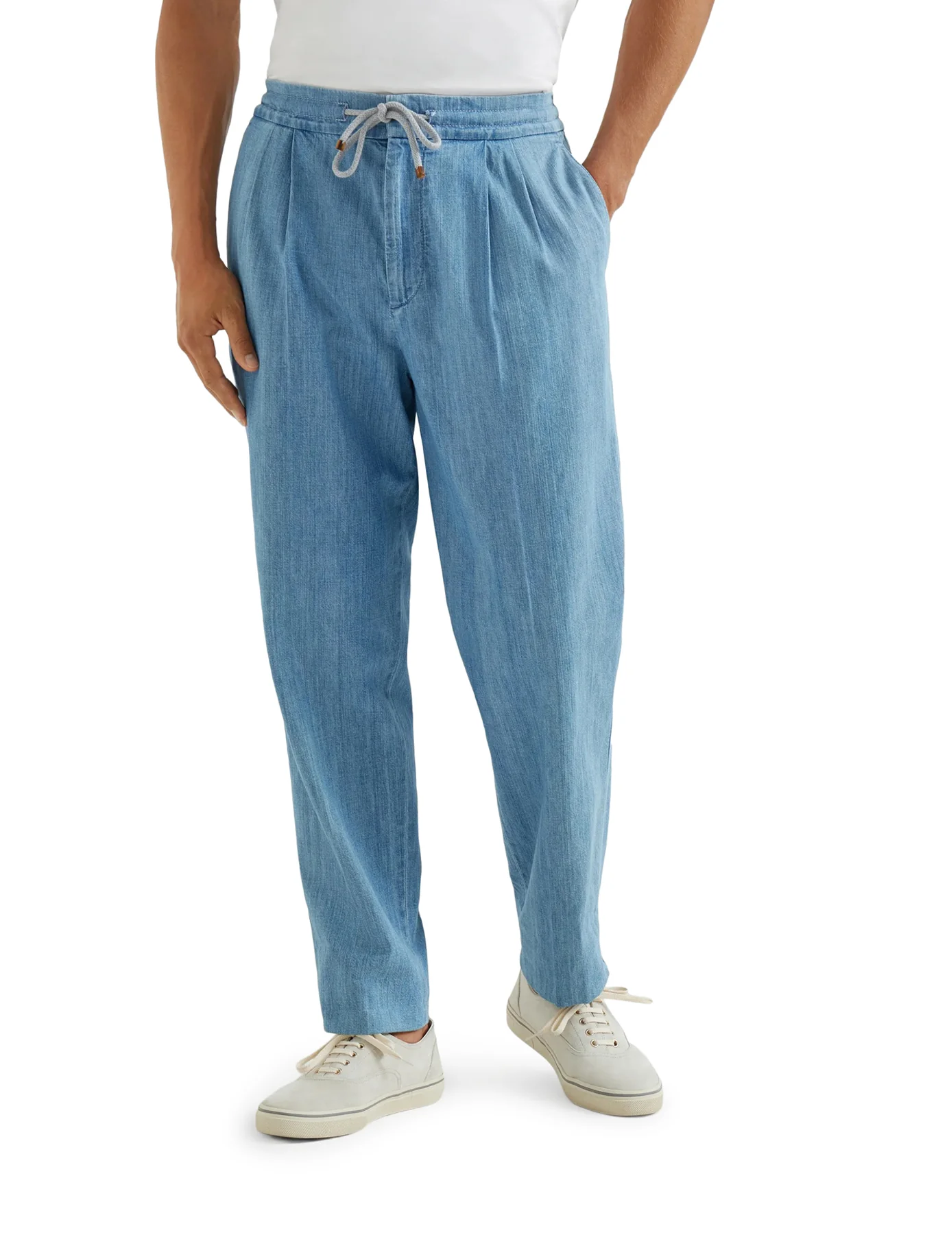 LIGHTWEIGHT DENIM TROUSERS WITH DRAWSTRING AND DOUBLE PLEATS - Image 3
