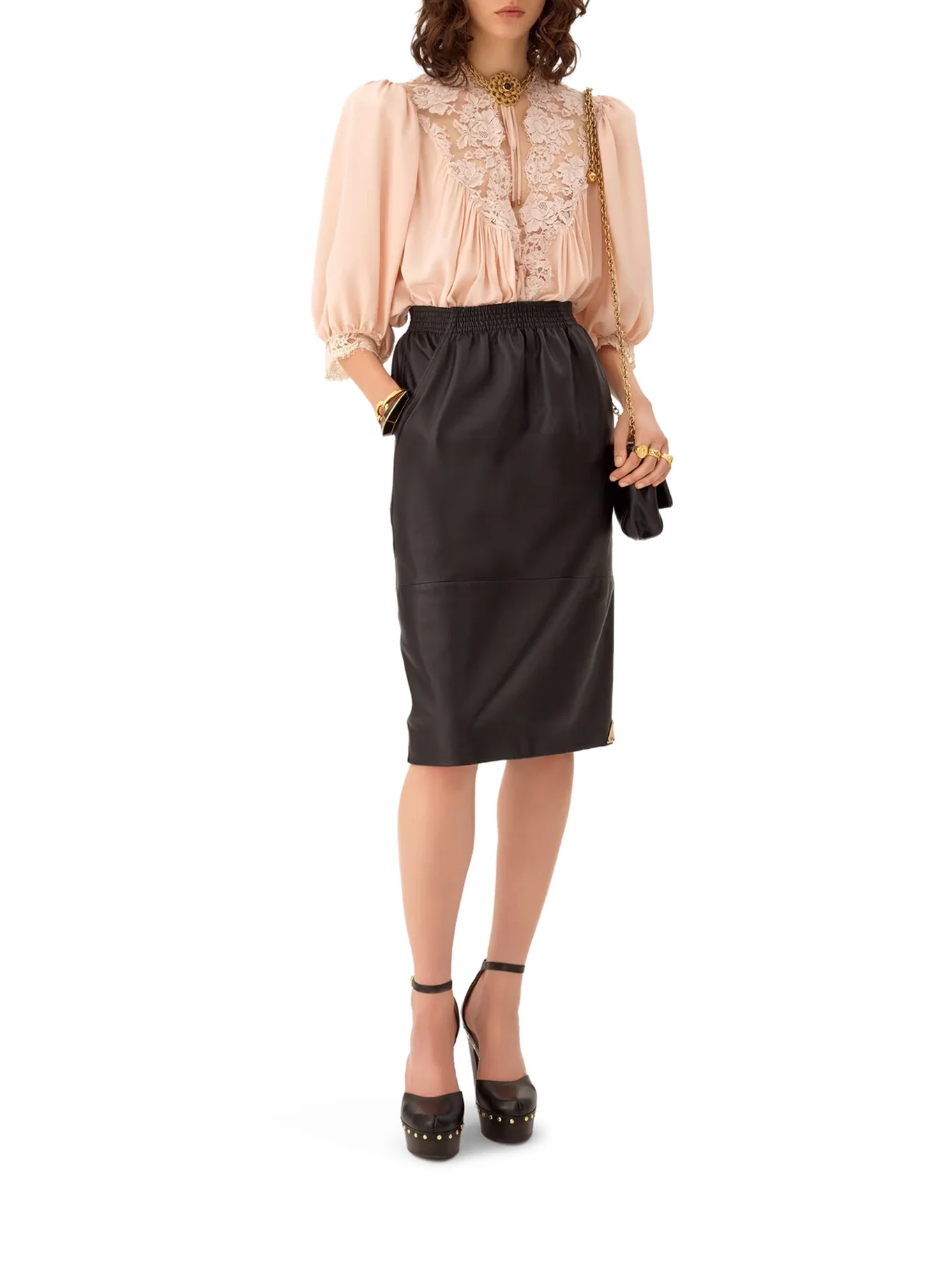 FLUID TOP WITH PUFFED SLEEVES IN CREPE DE CHINE AND LACE - Image 2