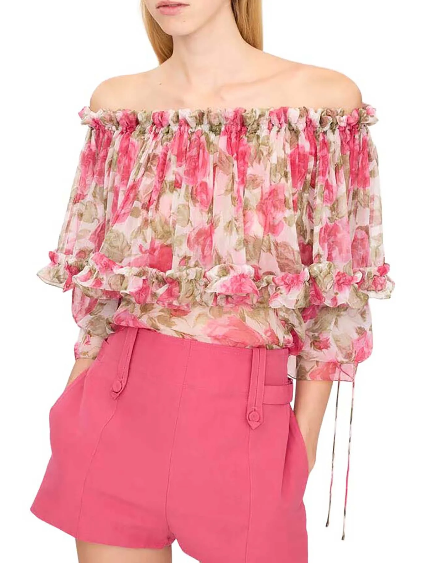 OFF-THE-SHOULDER TOP WITH PUFF SLEEVES IN SILK MUSLIN - Image 3