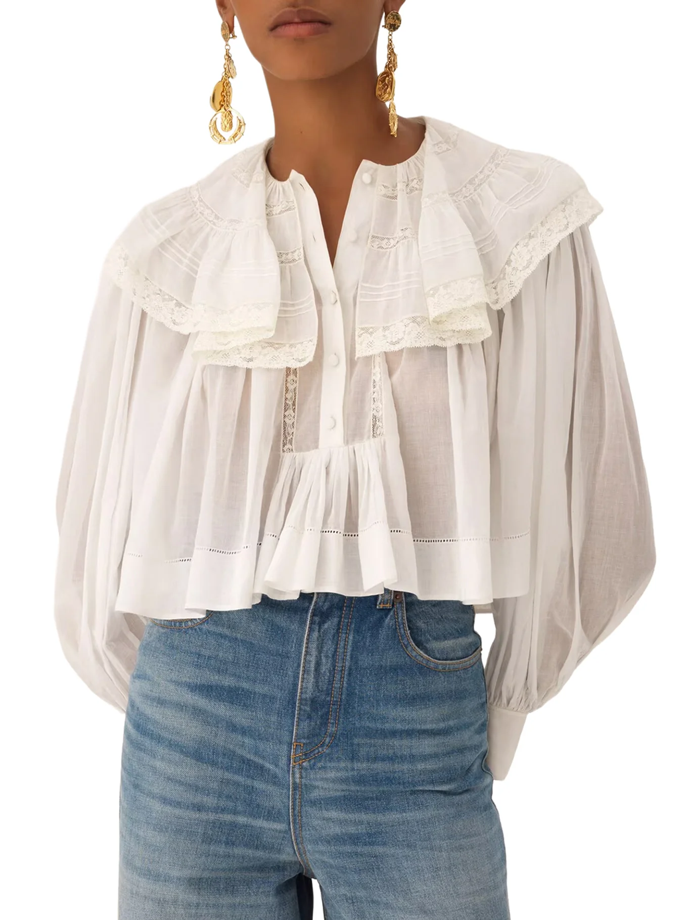 WHITE COTTON BLOUSE WITH RUFFLES AND LACE DETAILS - Image 3