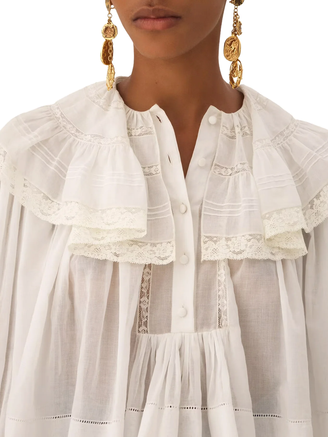 WHITE COTTON BLOUSE WITH RUFFLES AND LACE DETAILS - Image 5
