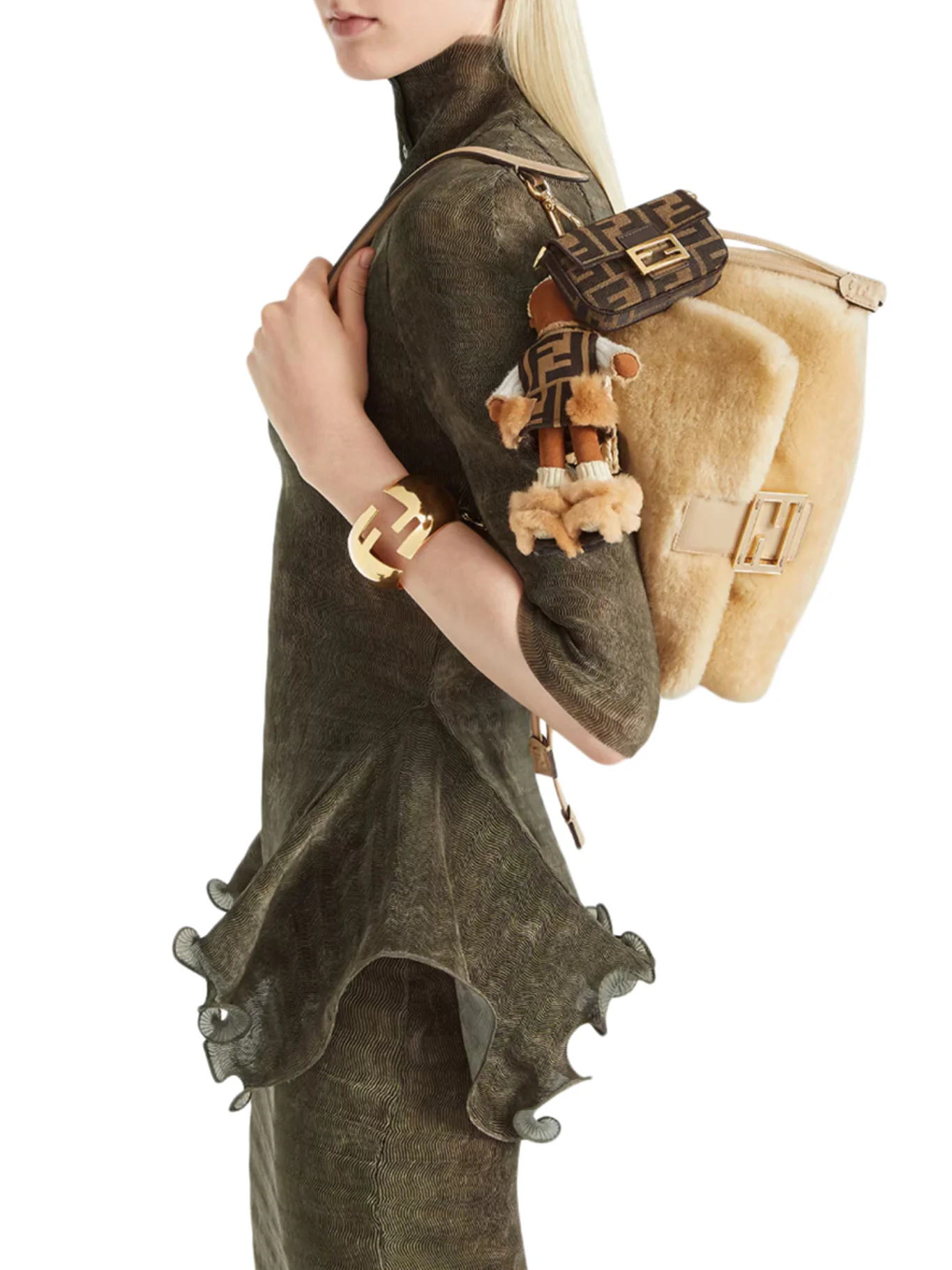 NANO BAGUETTE CHARM CHARM IN BROWN FF JACQUARD FABRIC - Image 2