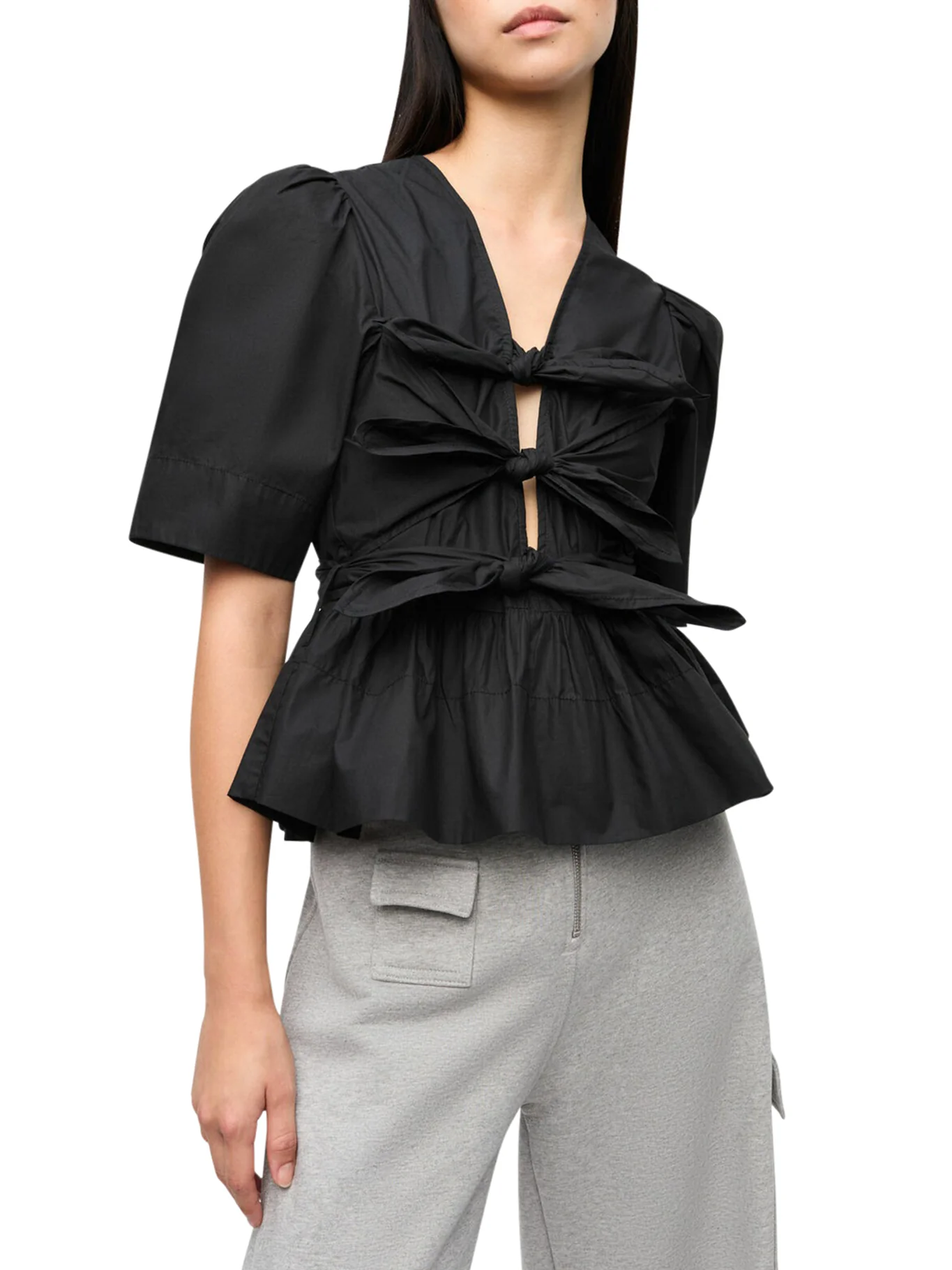 BLACK STRETCH COTTON TIE STRAP BLOUSE - Image 3