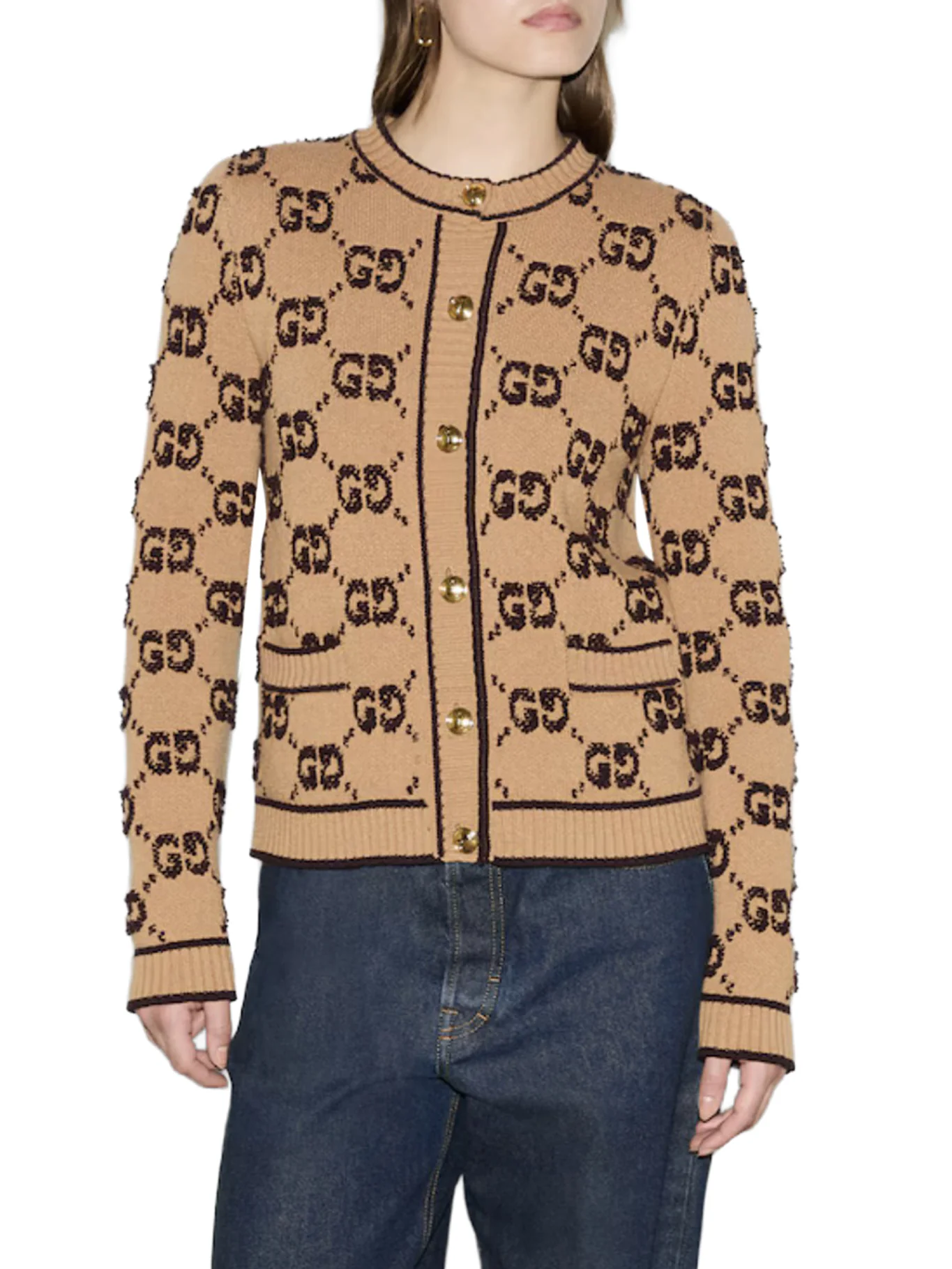 BOUCLE` WOOL CARDIGAN WITH ALLOVER GG LOGO - Image 3