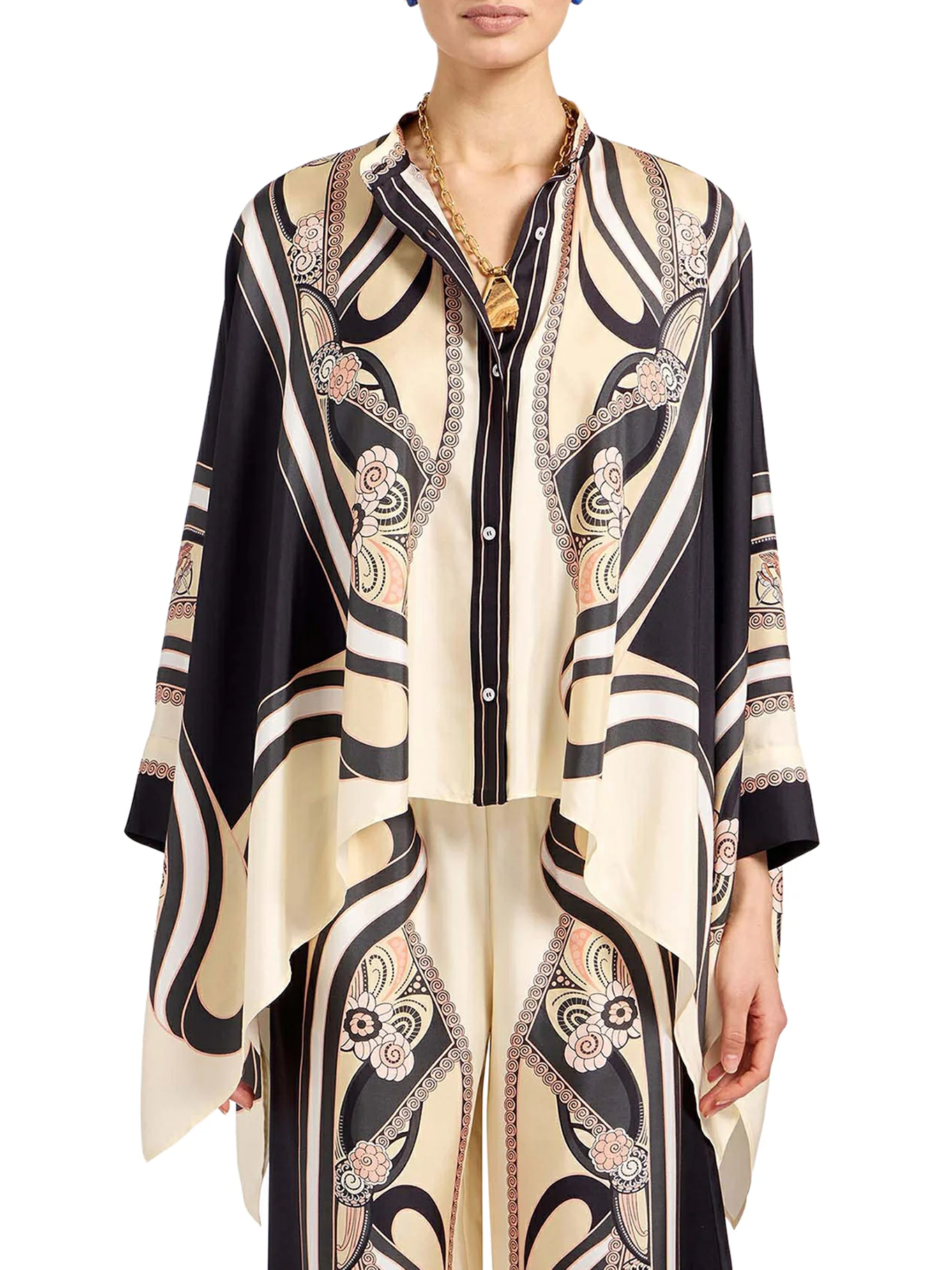 SILK SCARF SHIRT WITH GRAPHIC PRINT AND ASYMMETRIC BOTTOM - Image 2