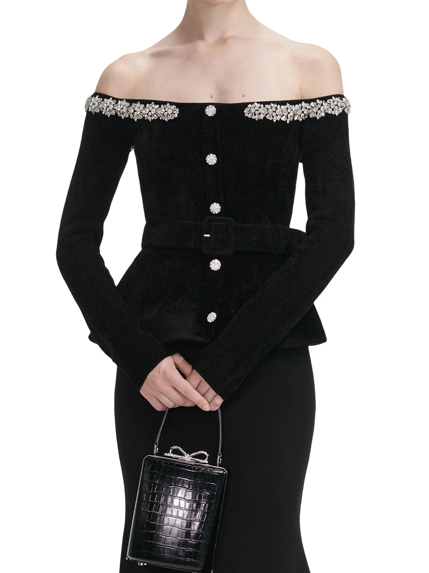 BLACK CHENILLE KNIT CRYSTAL TRIM MIDI DRESS - Image 4