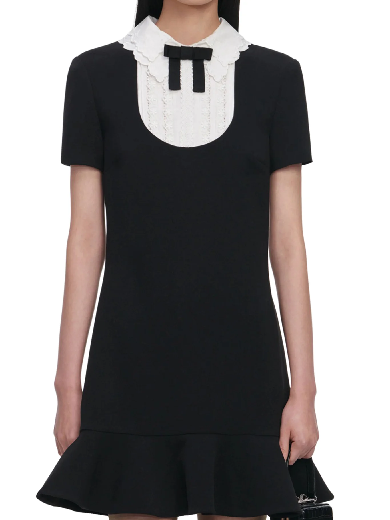 BLACK CREPE LACE BIB MINI DRESS - Image 4