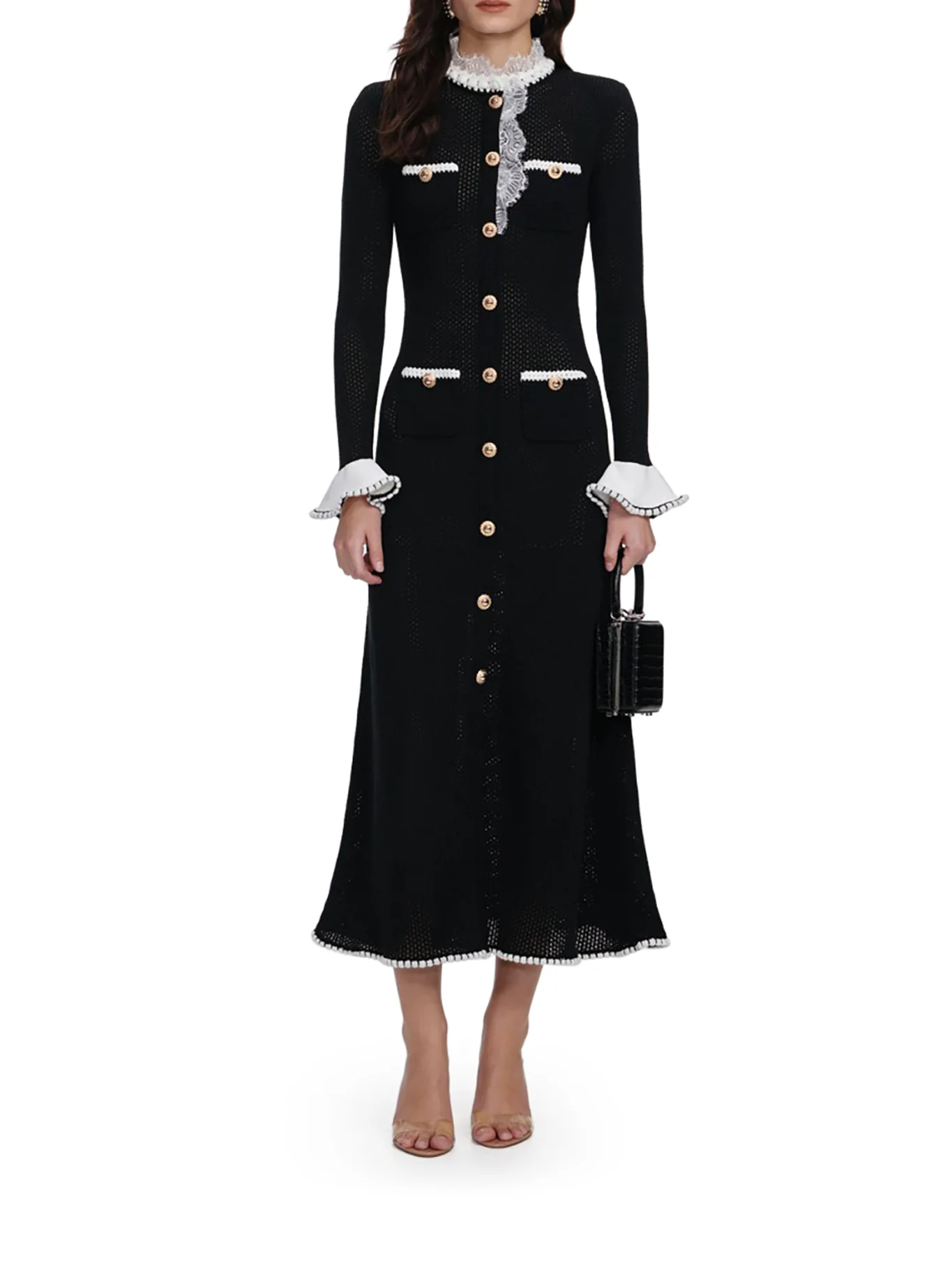 BLACK LACE TRIM KNIT MIDI DRESS - Image 2