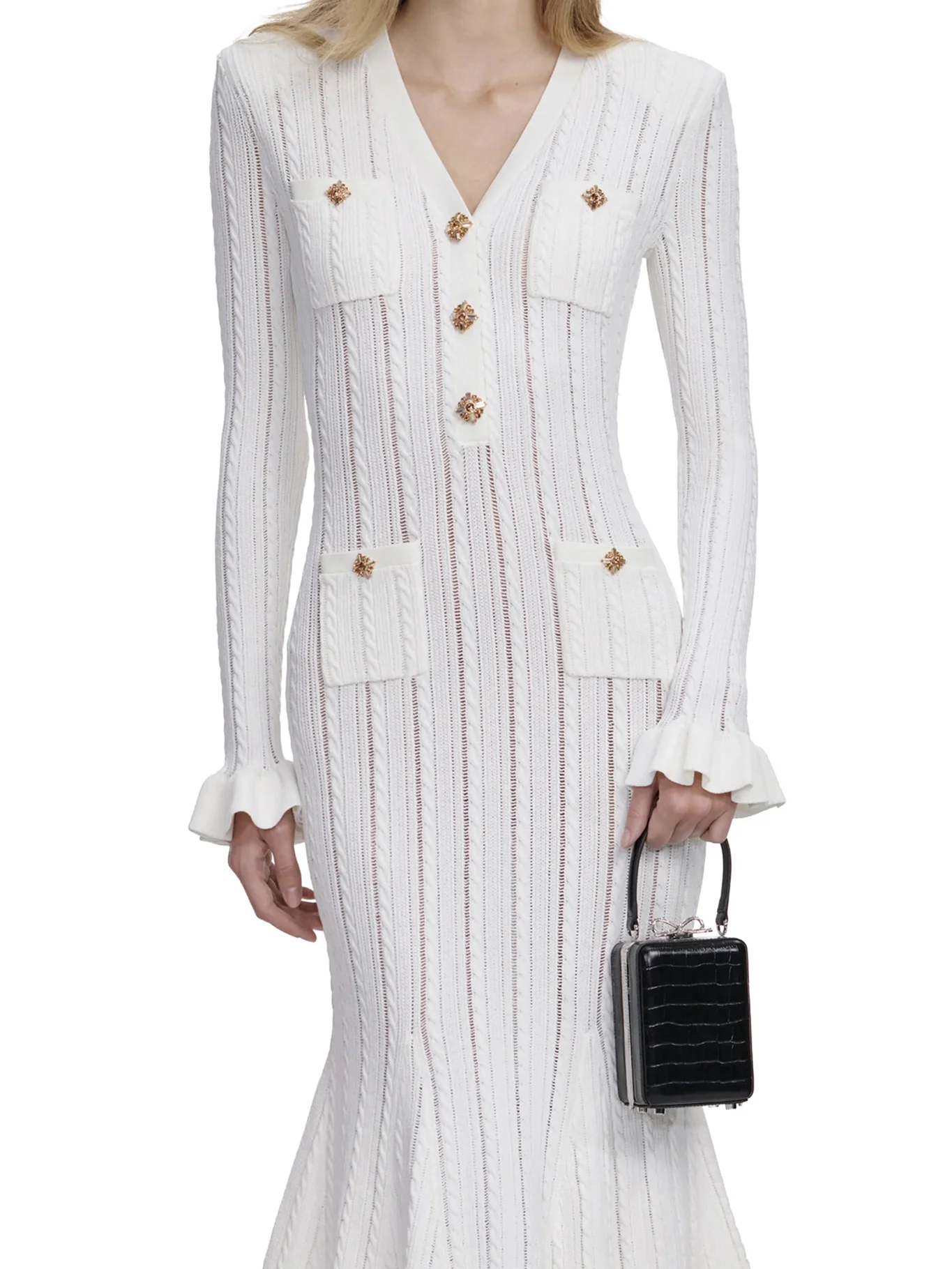 MIDI DRESS IN WHITE OPENWORK KNIT - Image 5