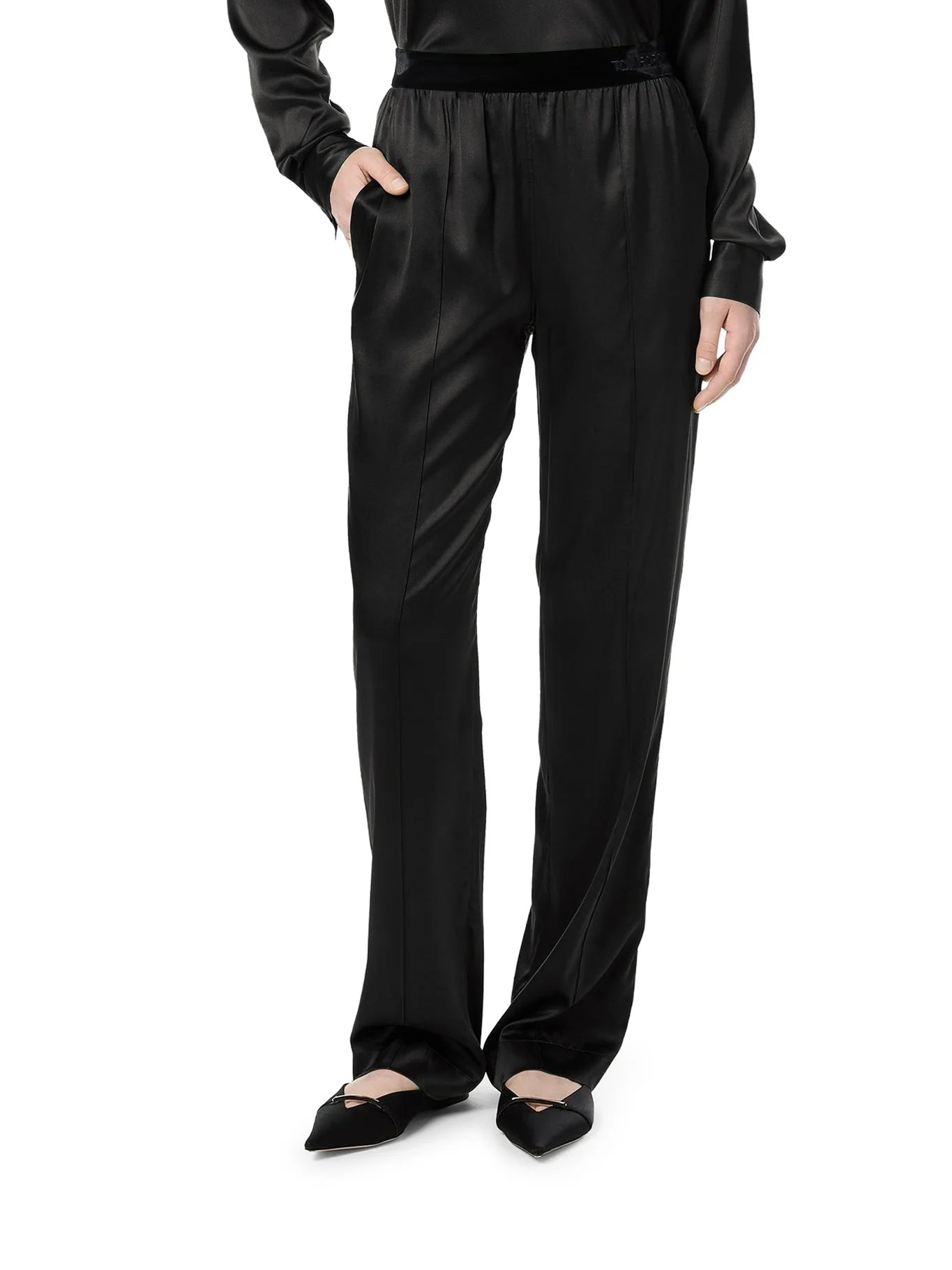 BLACK STRETCH SILK SATIN TROUSERS - Image 3