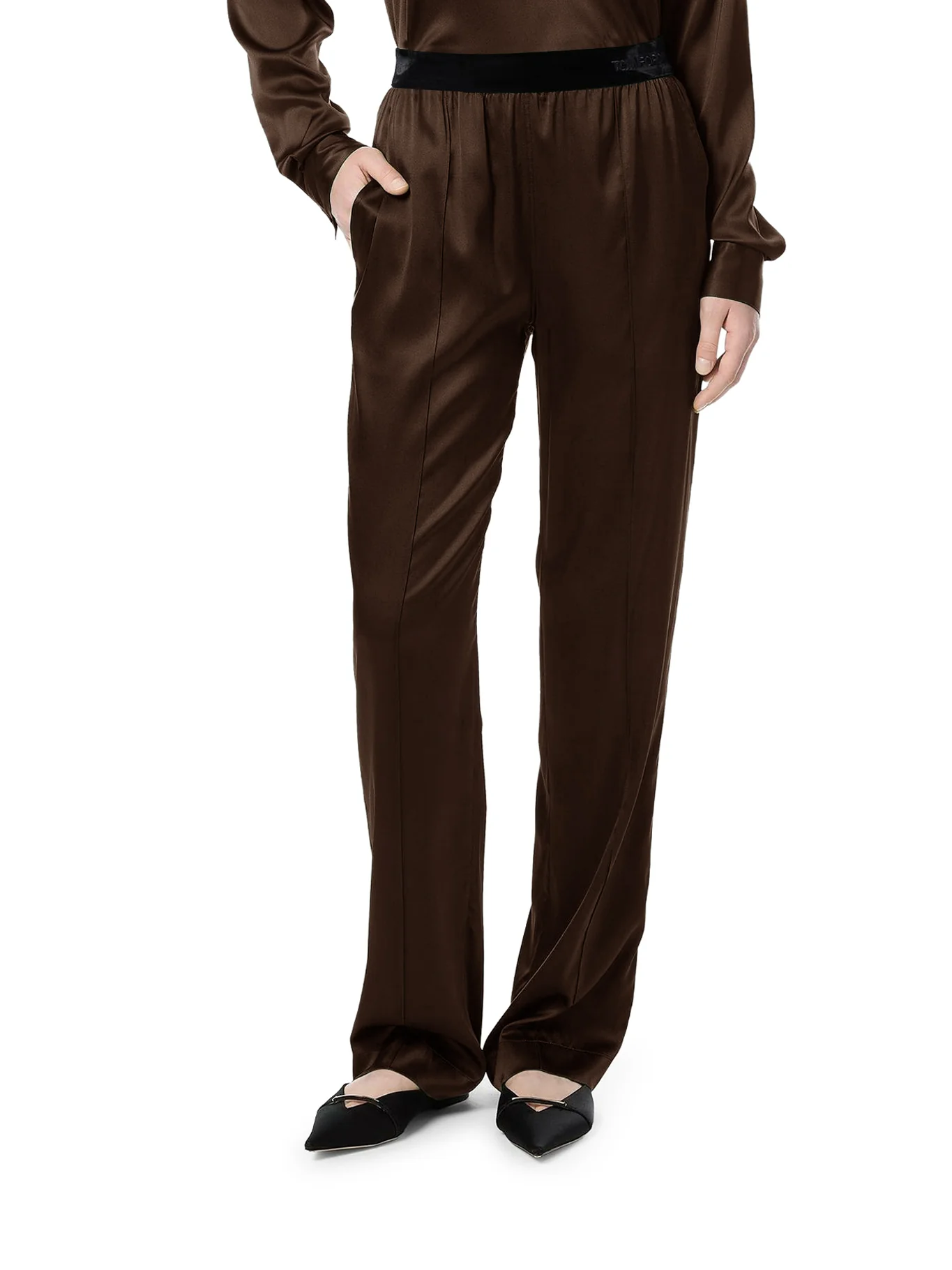BROWN STRETCH SILK SATIN TROUSERS - Image 3
