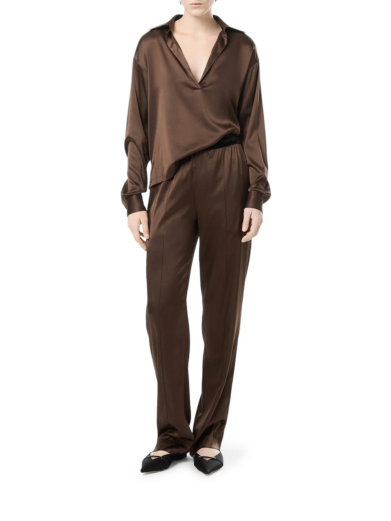 SILK SATIN BLOUSE WITH TF LOGO EMBROIDERED IN TONE-ON-TONE BROWN - Image 2